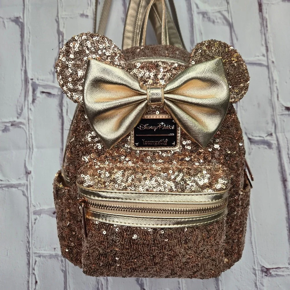 Loungefly Disney Parks Rose Gold Sequin Minnie Mouse Backpack Bow Ears Purse‎